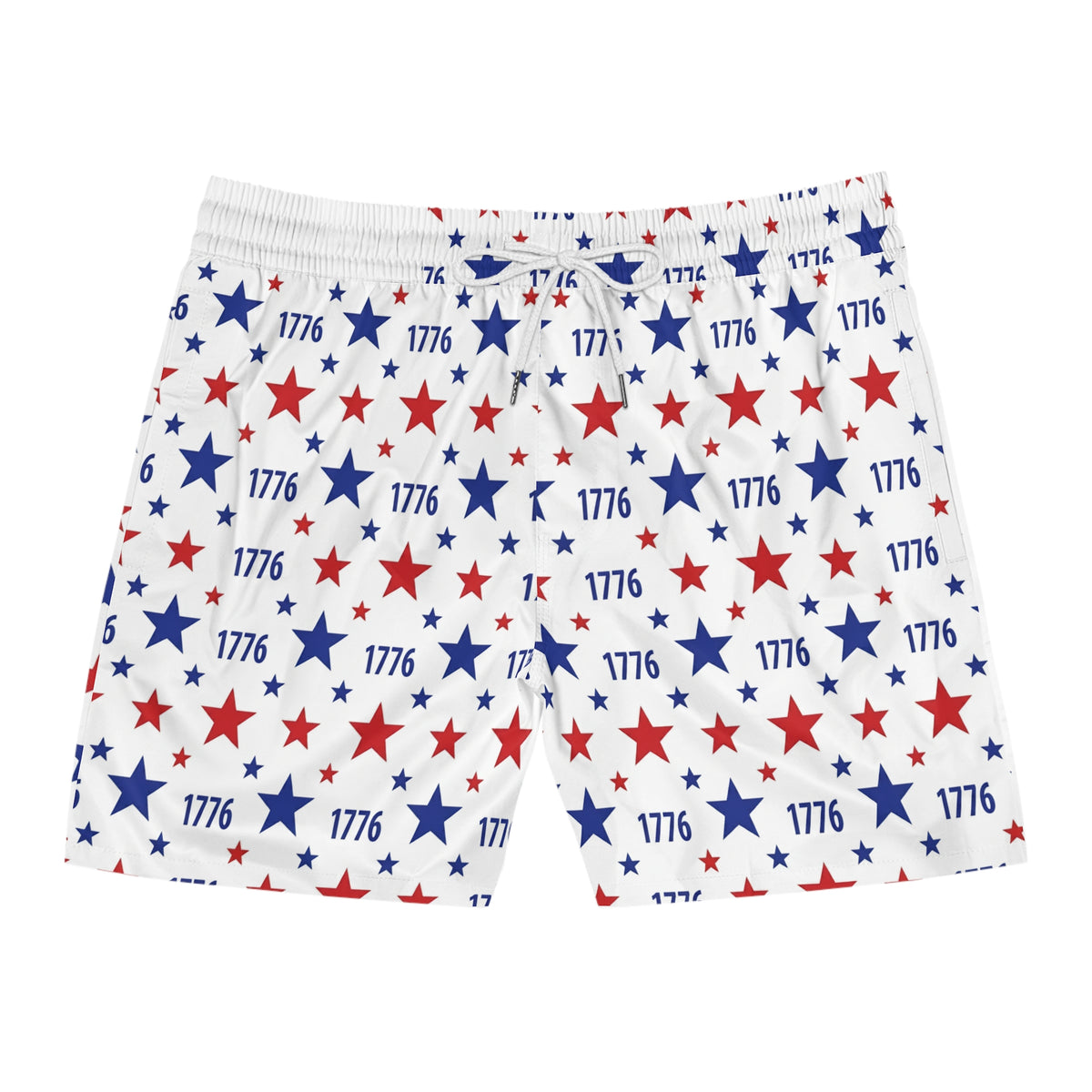 American flag swim shorts featuring a pattern of red and blue stars and the year 1776.