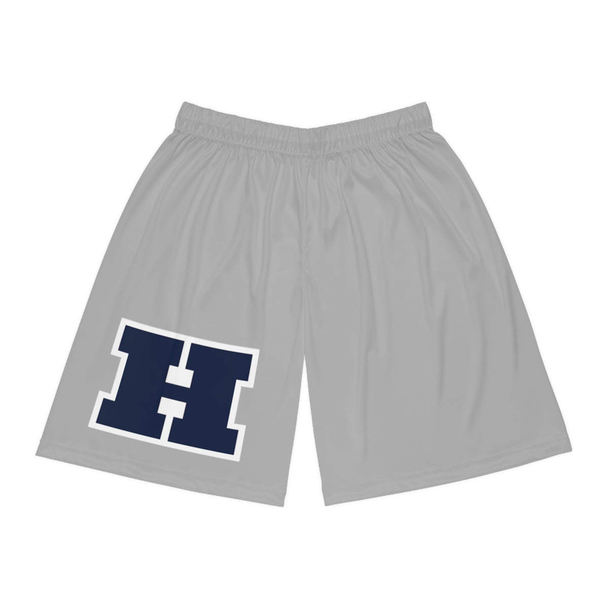 Men's basketball shorts in gray with a navy logo, designed for comfort and performance on and off the court.