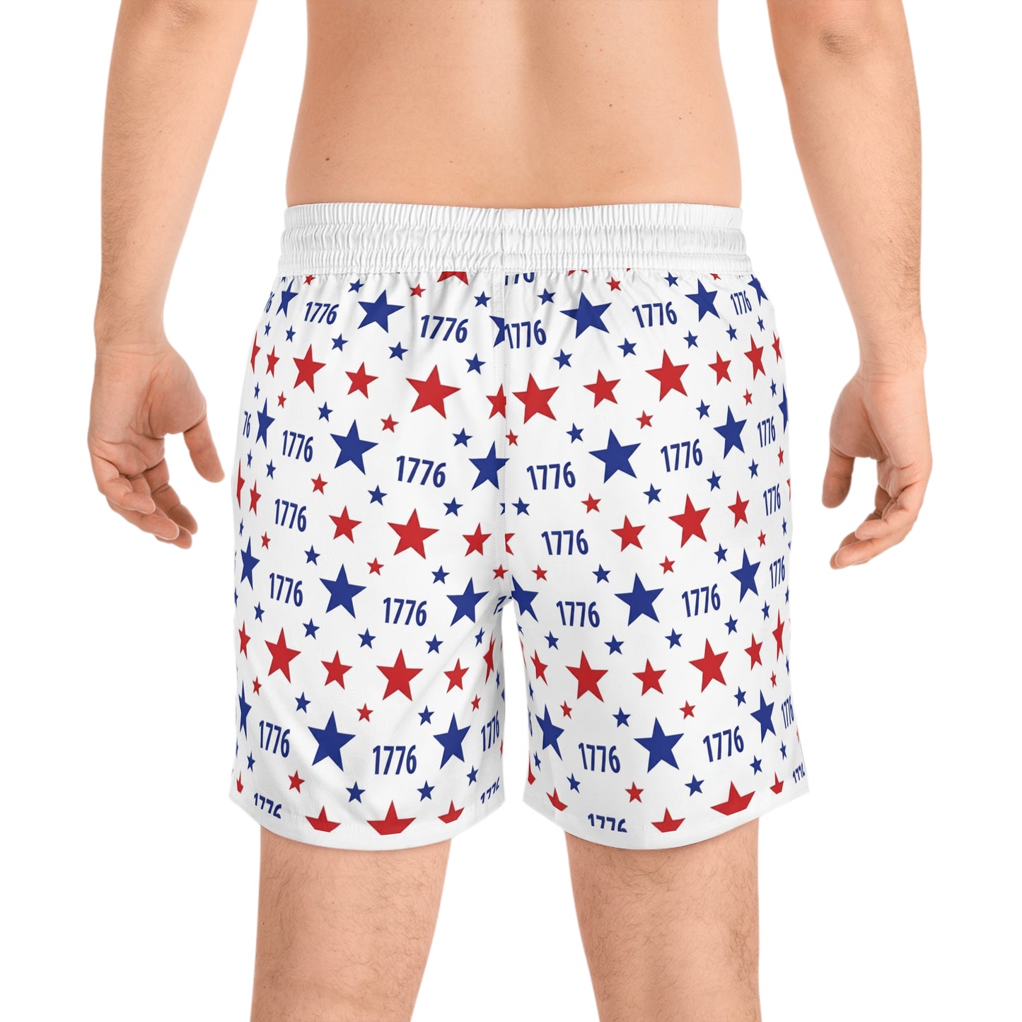 American flag swim shorts with stars pattern celebrating independence and 250th anniversary, ideal for summer.