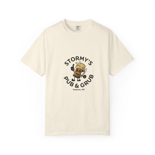 Pub and grub beer logo t-shirt in ivory featuring a cheerful beer character graphic from Stormy's Pub & Grub.