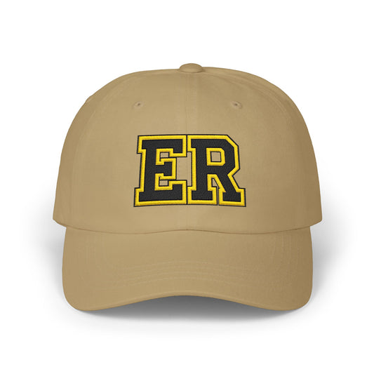 East Ridge ER baseball cap in khaki with black and yellow ER logo, perfect for sporty casual wear.