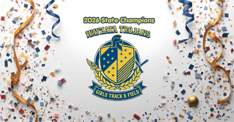 Wayzata Trojans Girls Track & Field 2026 State Champions celebration with confetti and ribbons.