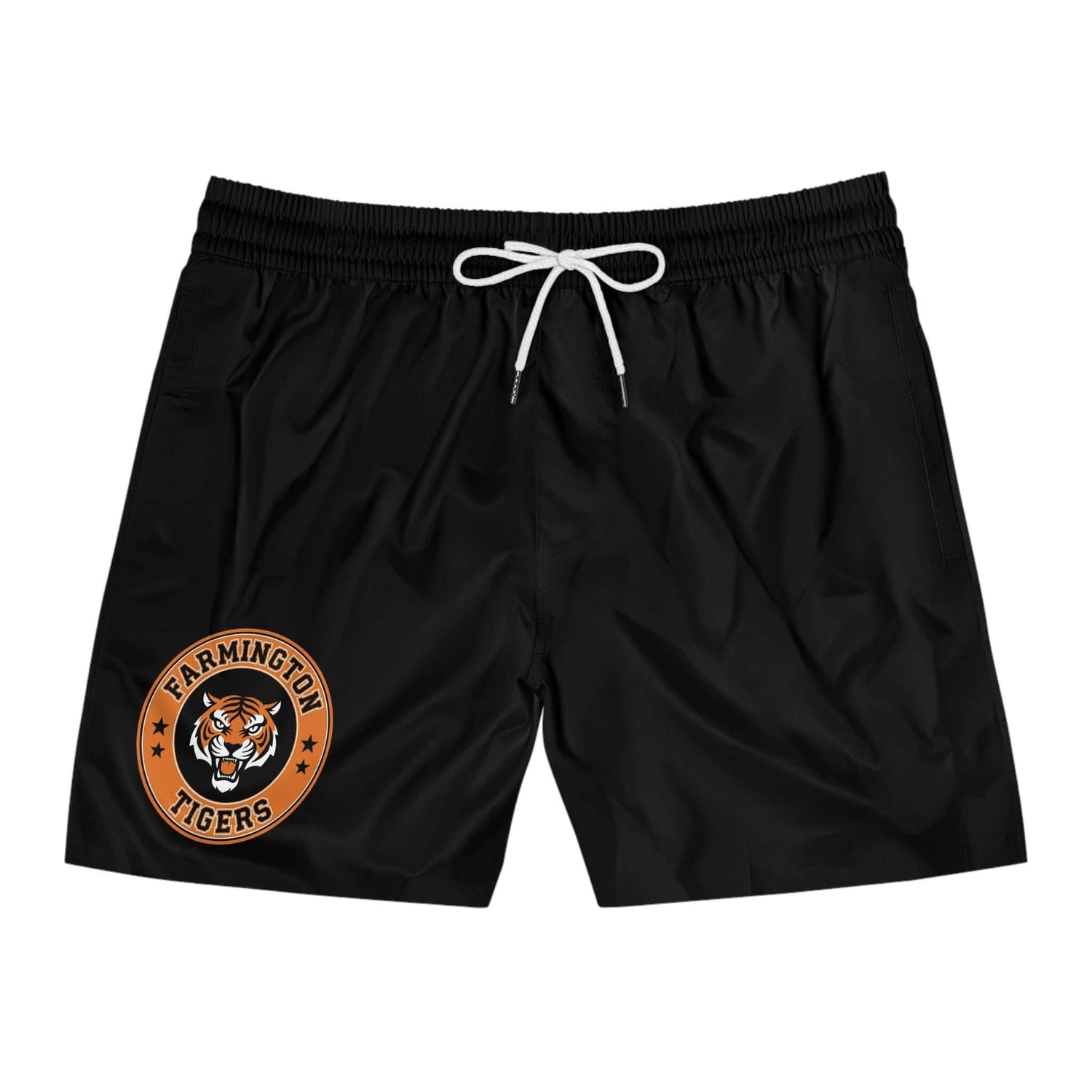 Farmington Tigers spiritwear black swim shorts featuring a tiger logo and drawstring closure.