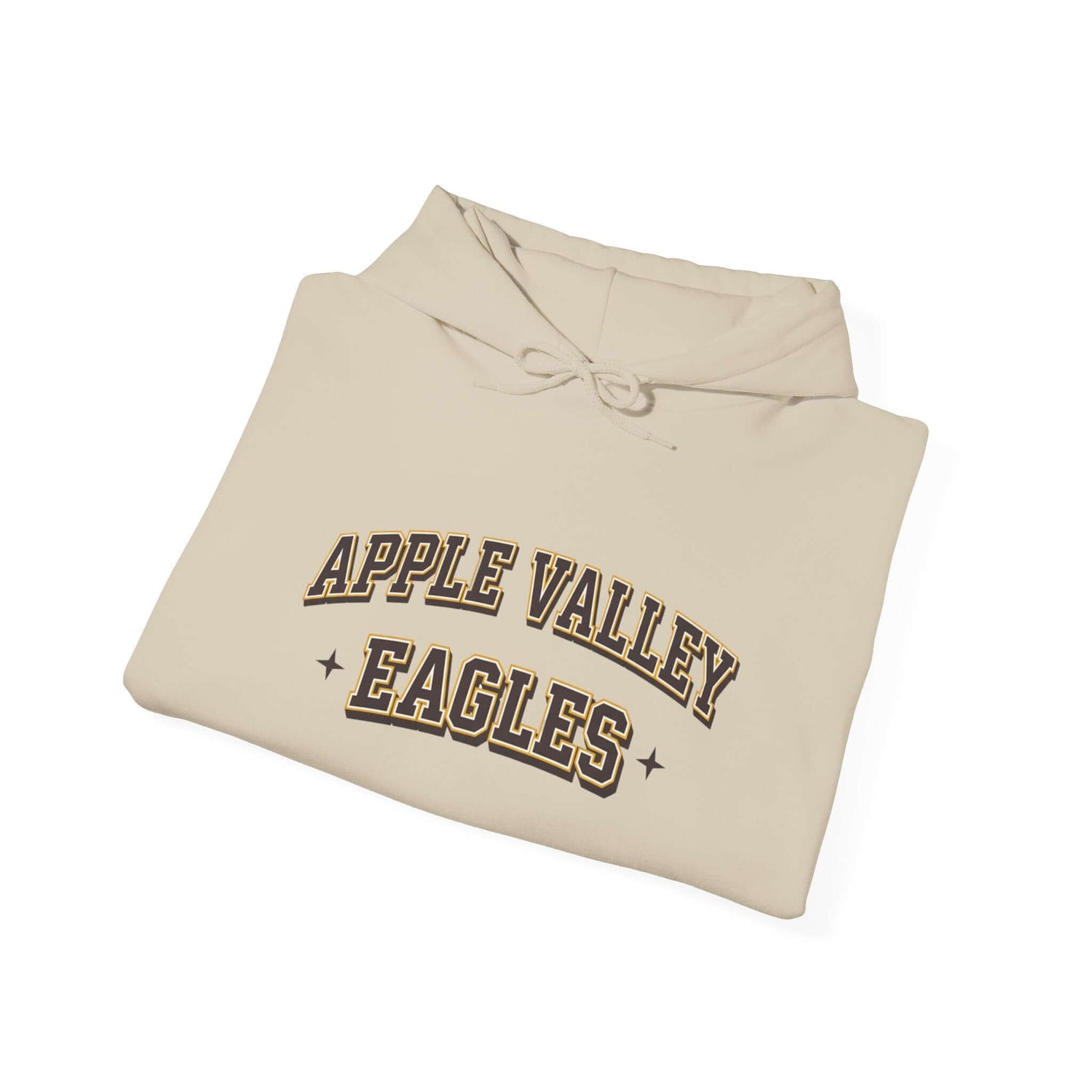 Cozy beige hoodie featuring Apple Valley Eagles team logo in bold lettering.