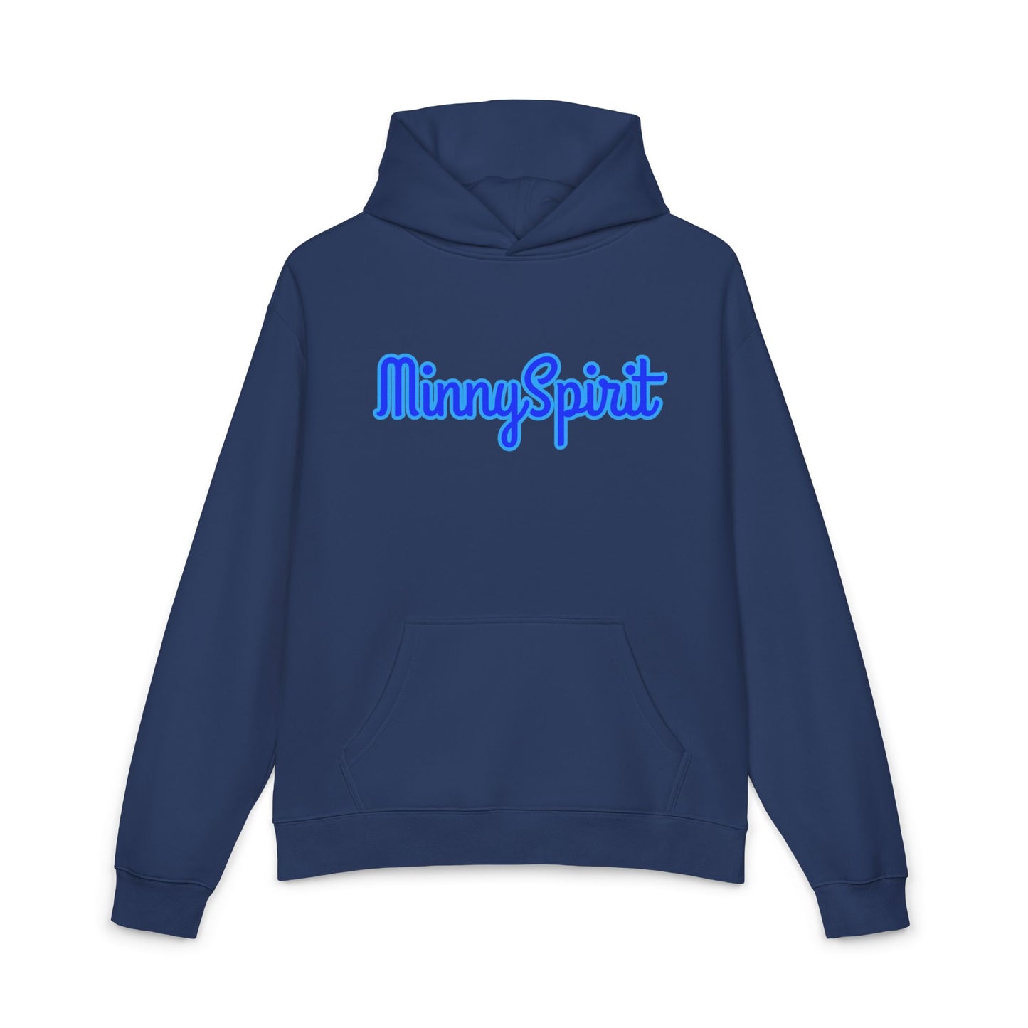 MinnySpirit Relaxed Hoodie — Cozy Grey Pullover with Blue Script Logo