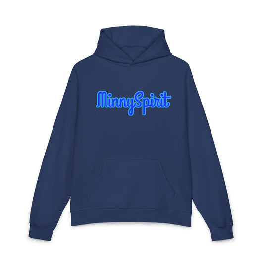 MinnySpirit Relaxed Hoodie — Cozy Grey Pullover with Blue Script Logo