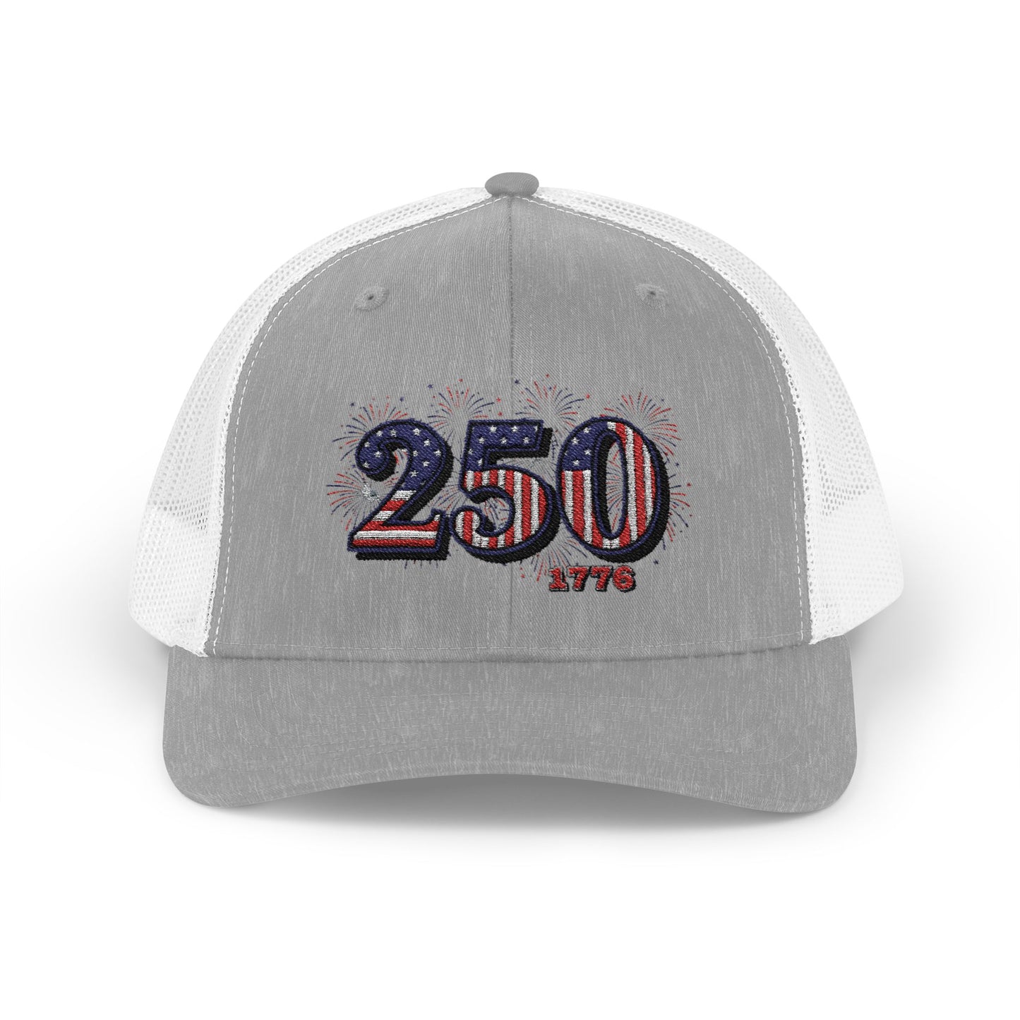 America 250th anniversary cap featuring fireworks design and structured mesh back.