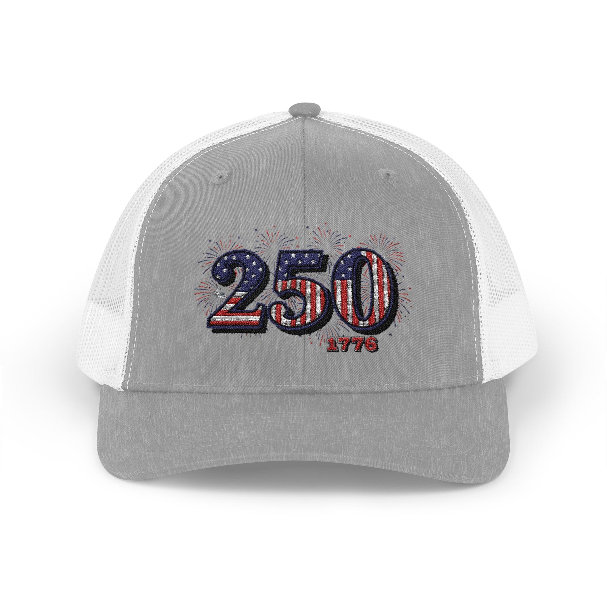 America 250th anniversary cap featuring fireworks design and structured mesh back.