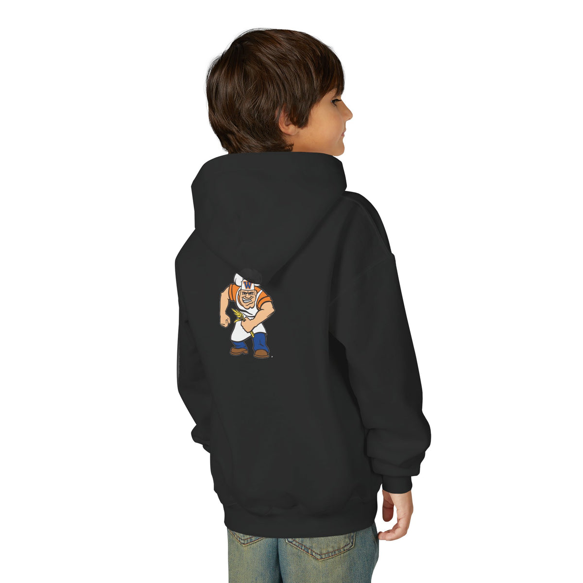 Youth Hoodie - Minneapolis Washburn Millers Orange & Blue 'W' School Logo with Mascot Back