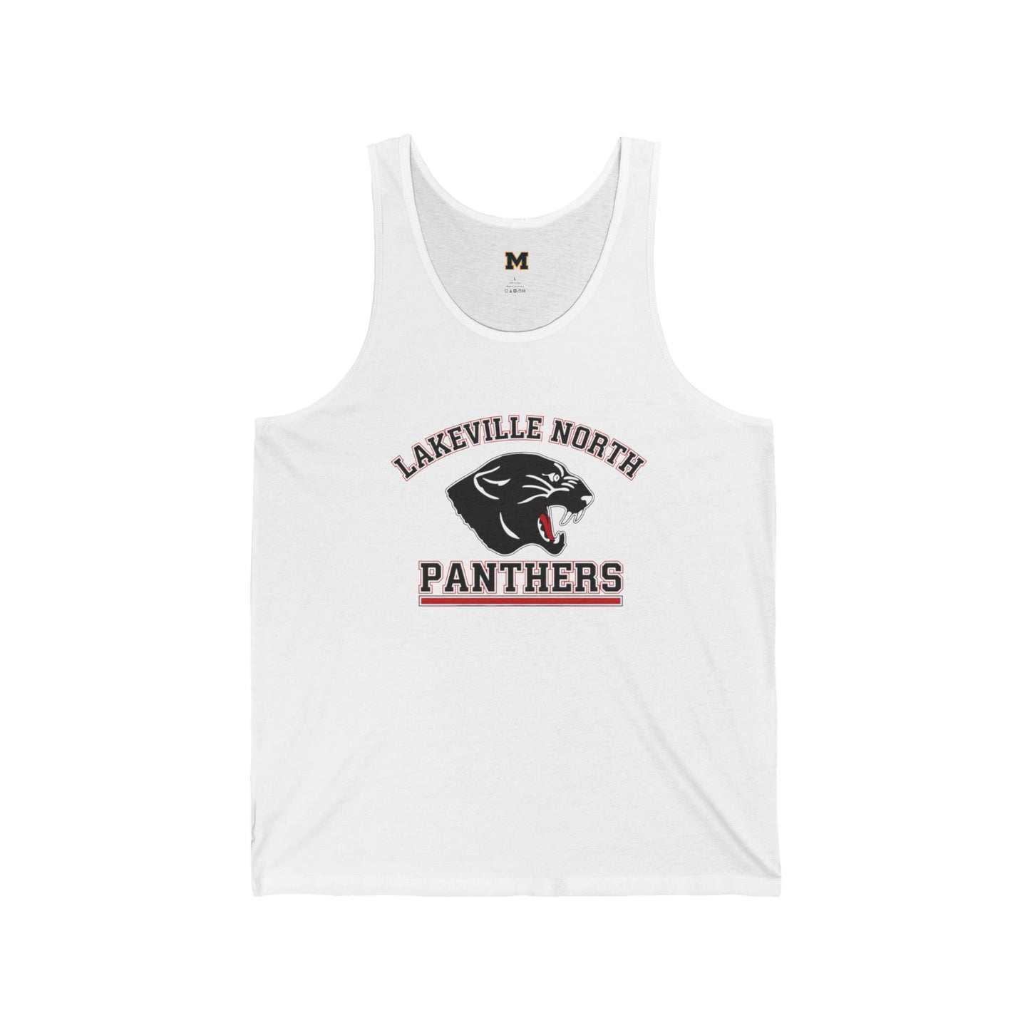 Lakeville North ladies athletic tank top in white with bold Panthers emblem, perfect for school spirit and casual wear.