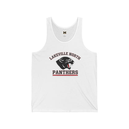 Lakeville North ladies athletic tank top in white with bold Panthers emblem, perfect for school spirit and casual wear.