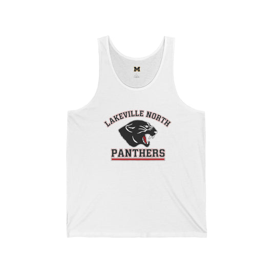 Lakeville North ladies athletic tank top in white with bold Panthers emblem, perfect for school spirit and casual wear.