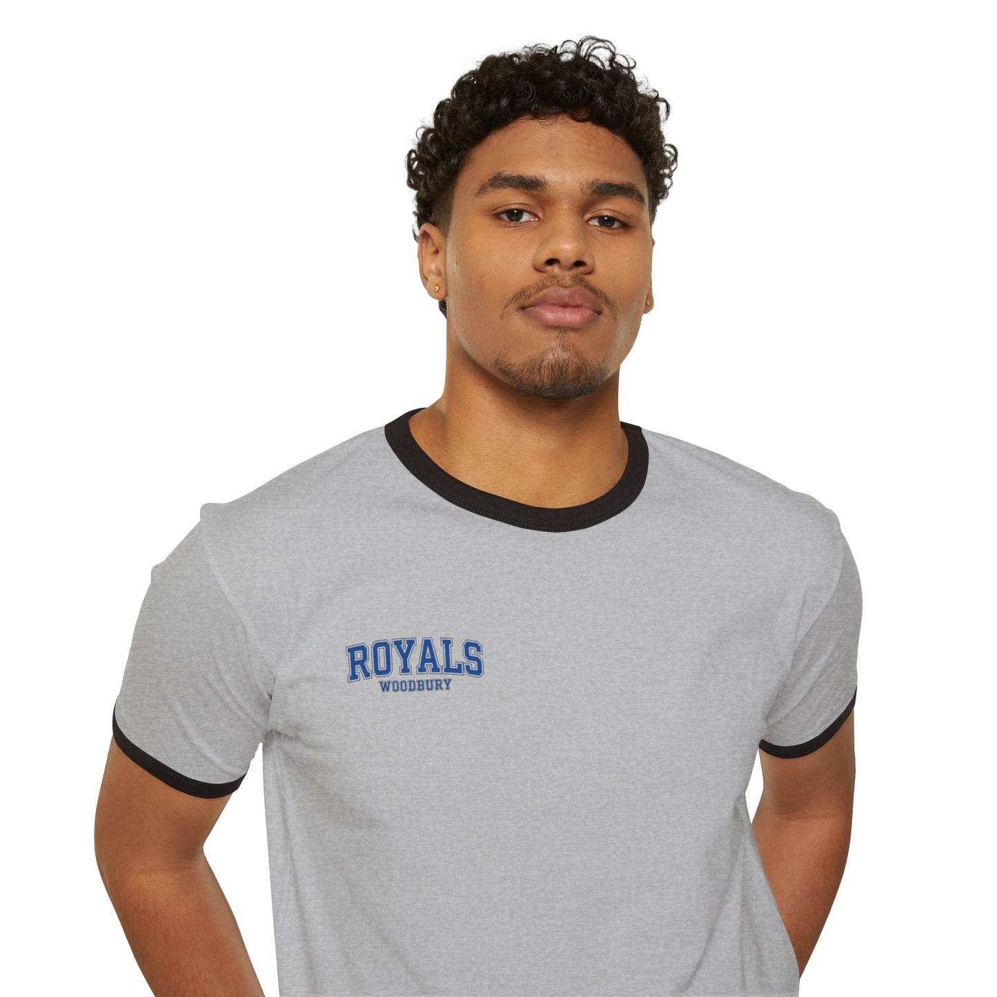 Model wearing the Woodbury Royals vintage ringer tee, featuring a light gray body and dark collar with shielded emblem.