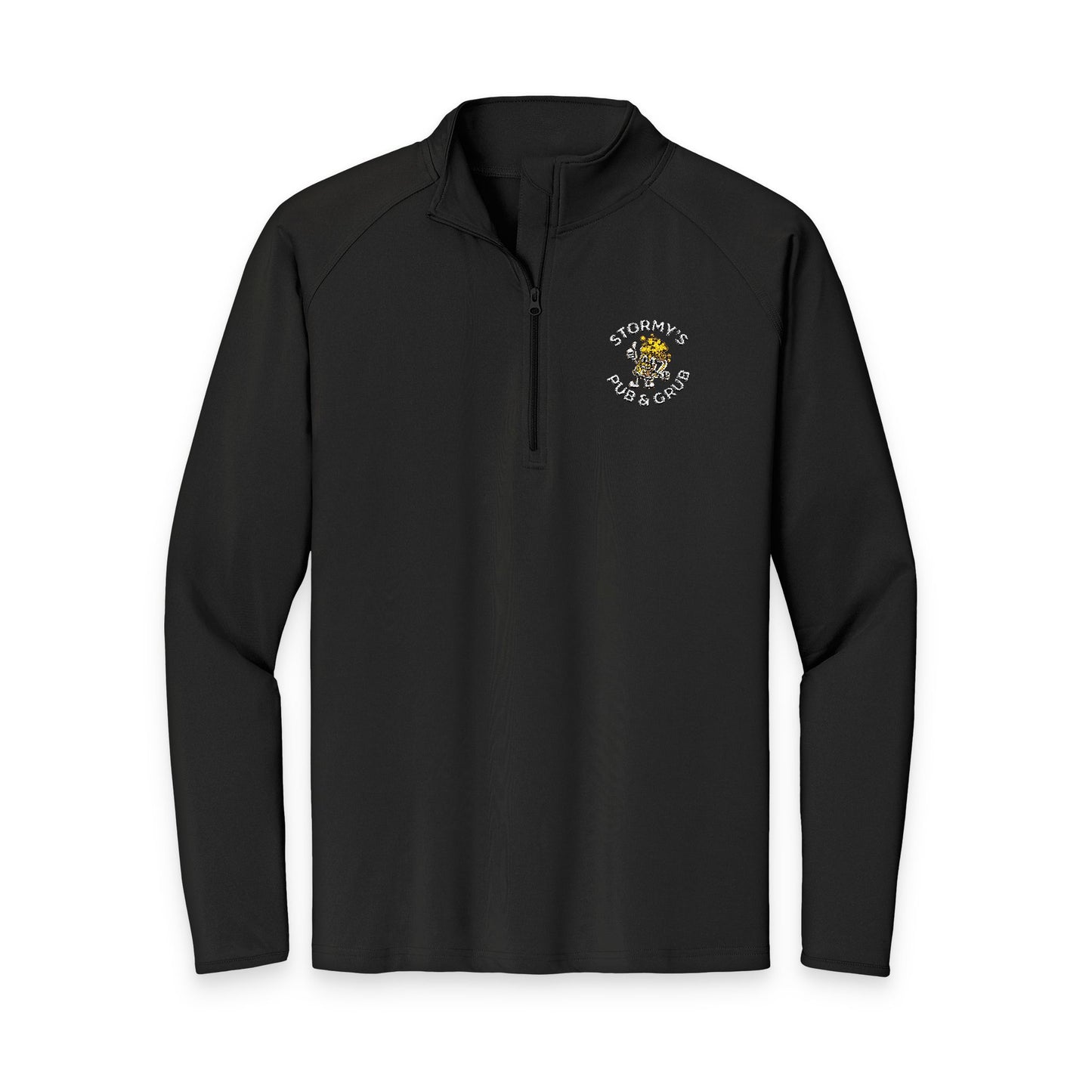 Stormy's Pub and Grub pullover in black with embroidered logo and quarter-zip design for stylish comfort.