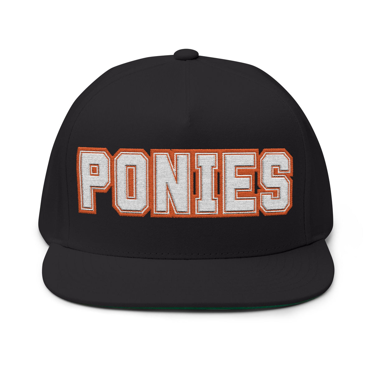 Stillwater Ponies Embroidered White Text Flat Bill Cap — School Spirit Snapback