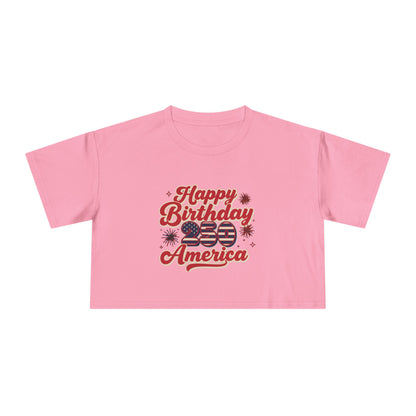 Patriotic Women's Crop Tee in pink with 'Happy Birthday America' design, perfect for summer celebrations.