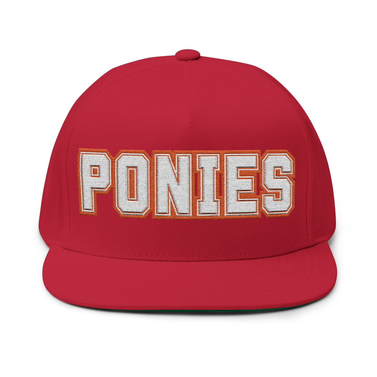 Stillwater Ponies Embroidered White Text Flat Bill Cap — School Spirit Snapback