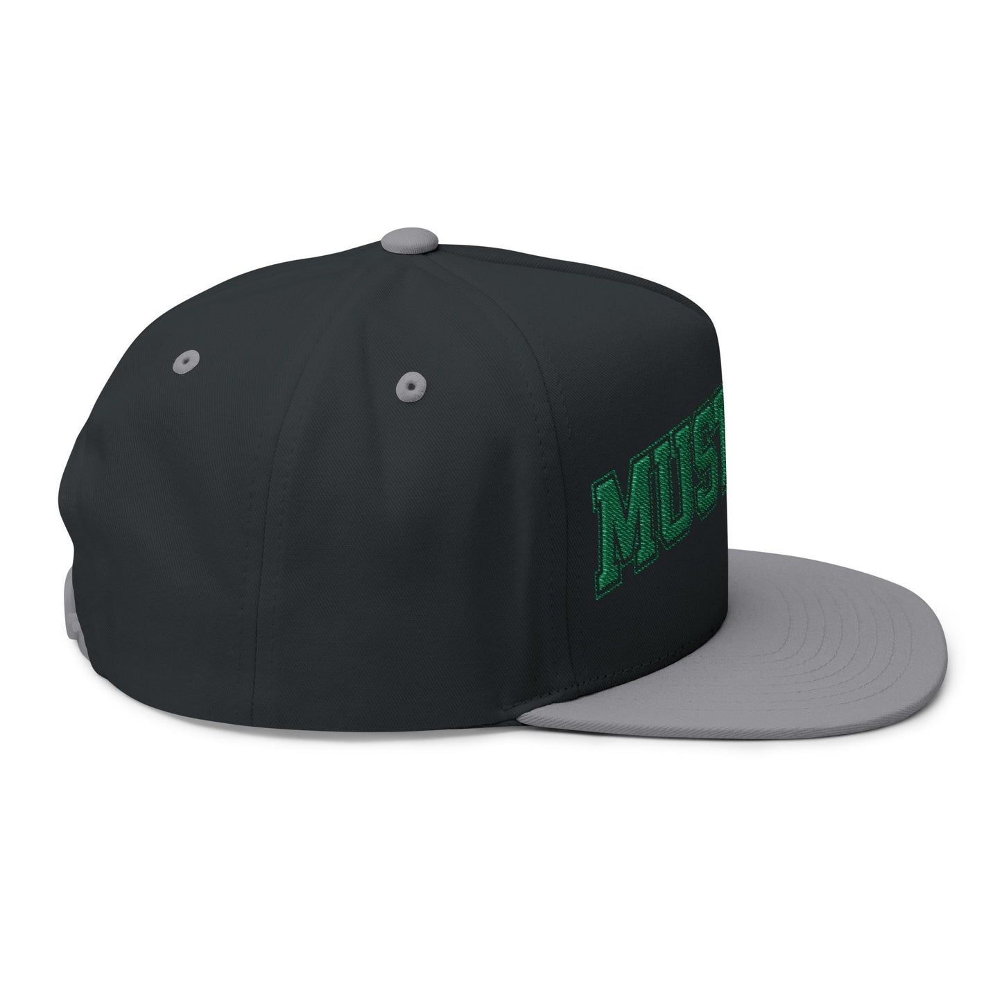 Mounds View Mustangs Embroidered Green Text Flat Bill Cap — School Spirit Snapback