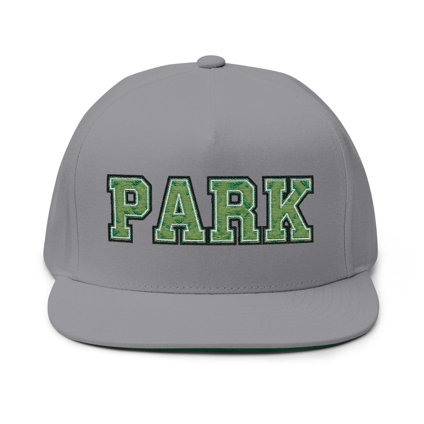 Grey Park Cottage Grove embroidered flat bill cap with green embroidered lettering.
