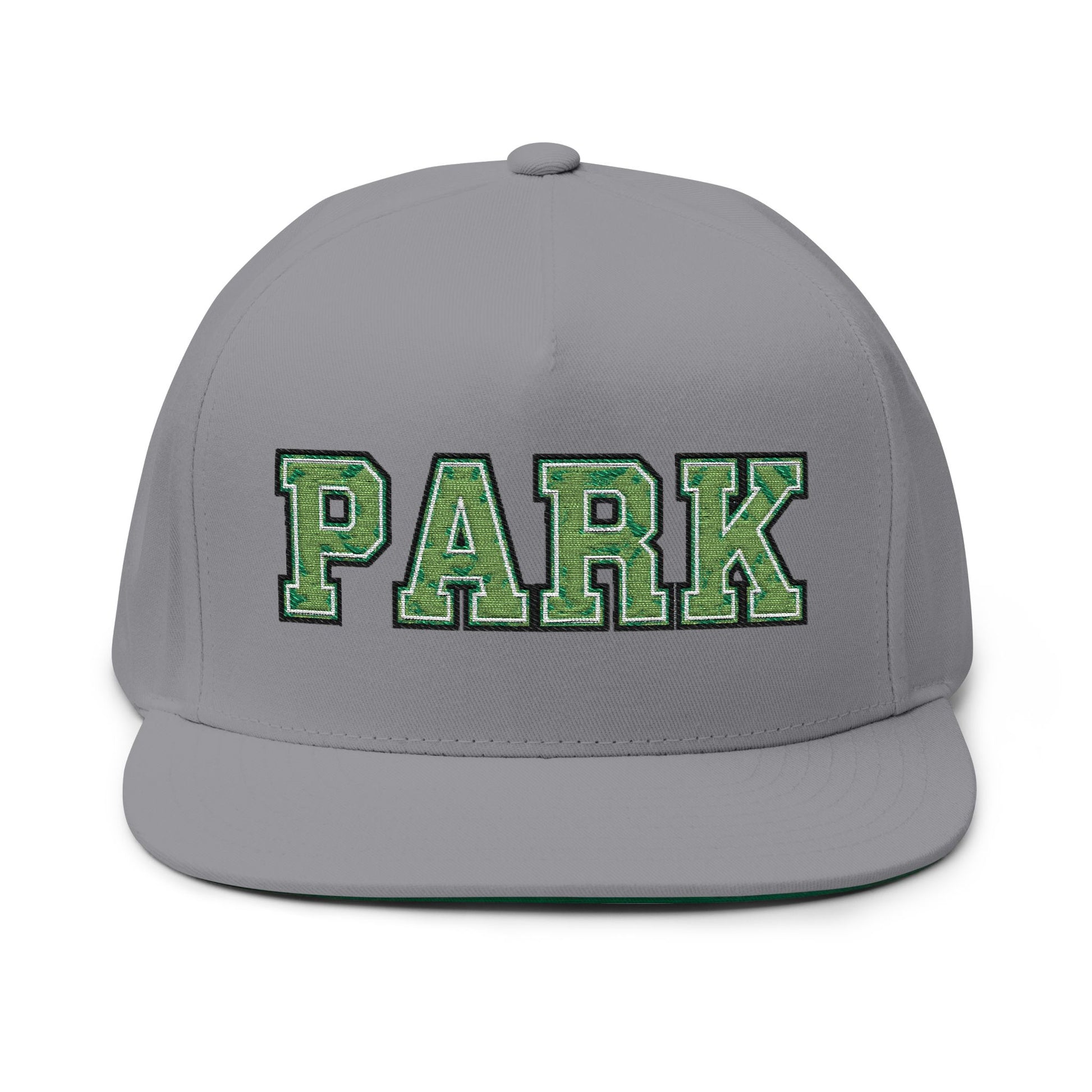 Grey Park Cottage Grove embroidered flat bill cap with green embroidered lettering.