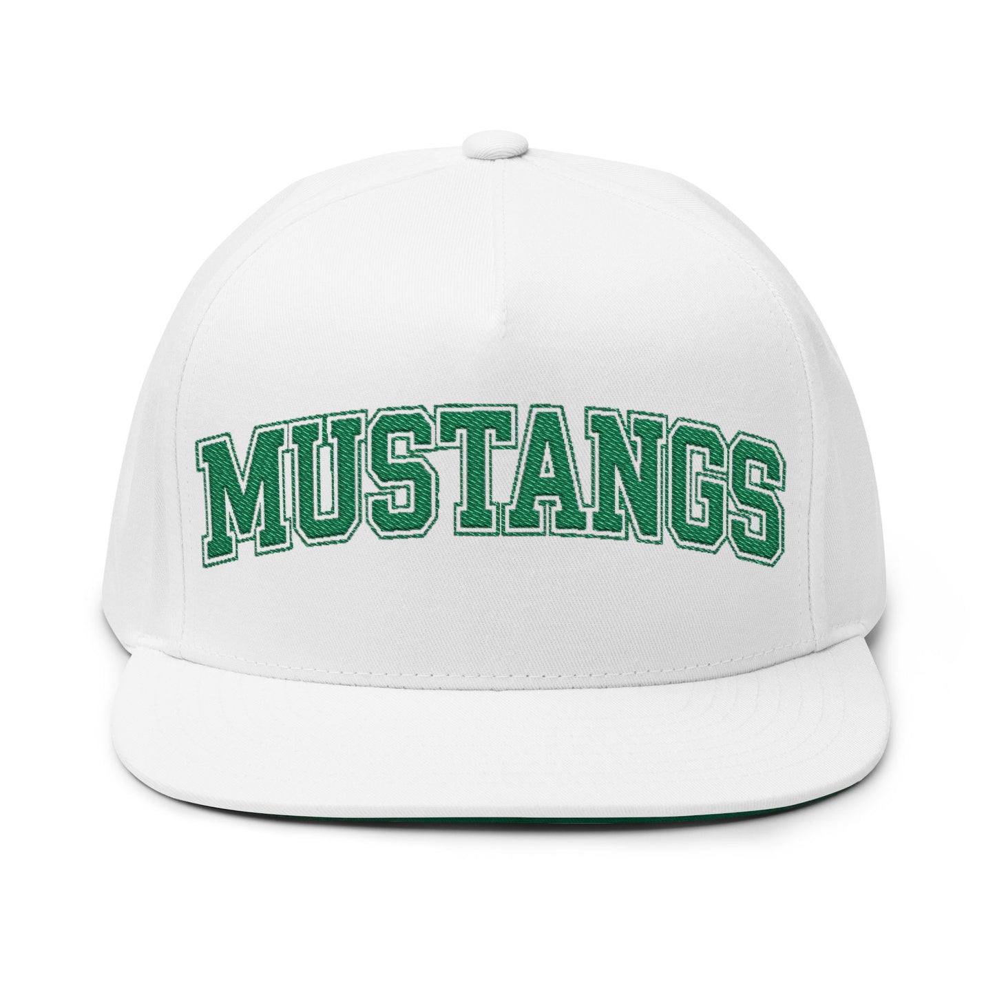 Mounds View Mustangs Embroidered Green Text Flat Bill Cap — School Spirit Snapback
