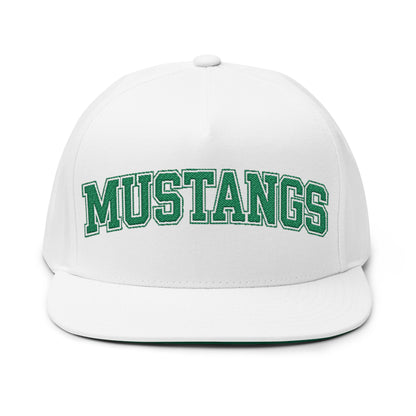 Mounds View Mustangs Embroidered Green Text Flat Bill Cap — School Spirit Snapback