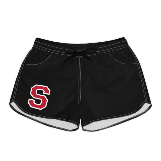 womens casual shorts with pockets in black featuring red 'S' logo and drawstring waistband