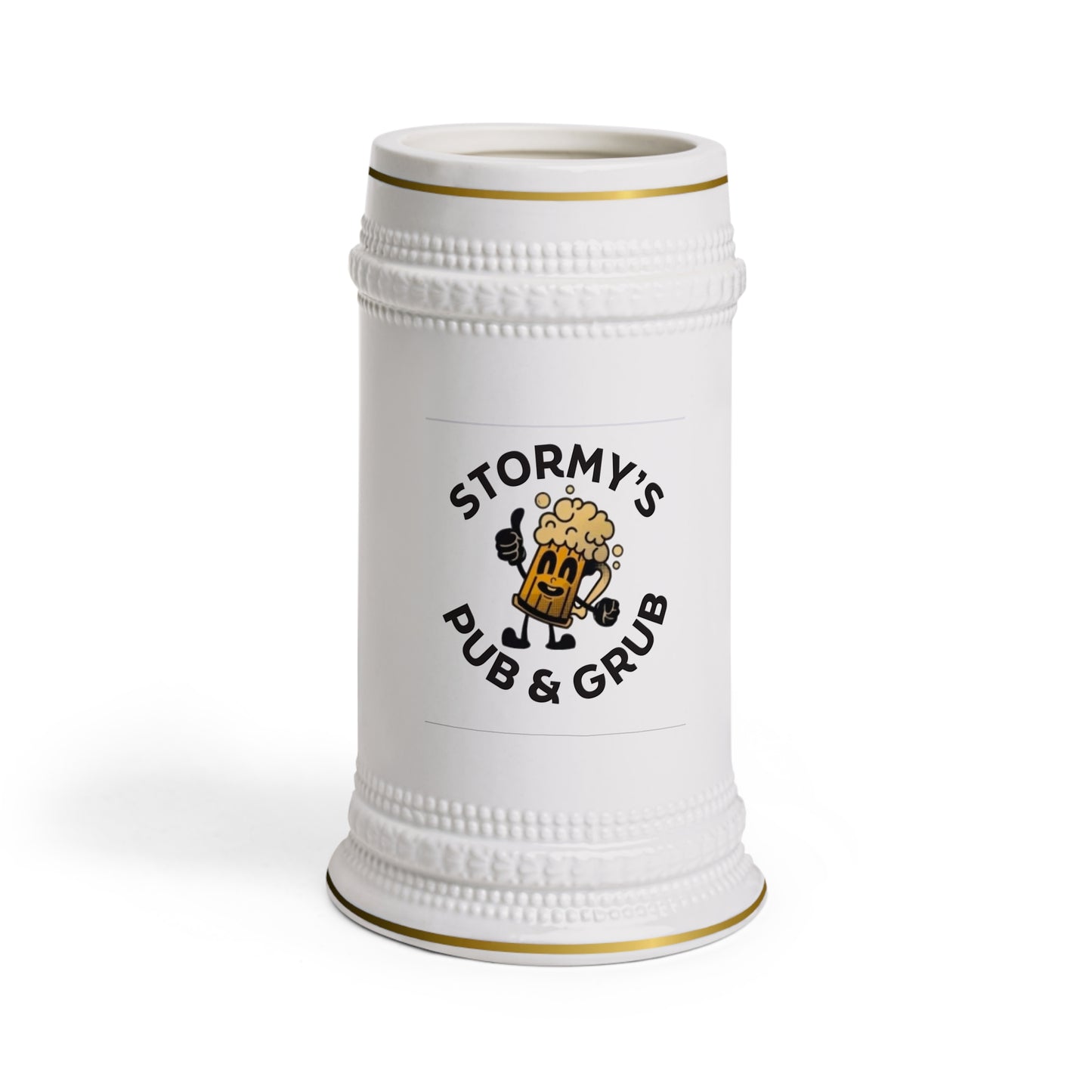 Collectible beer steins from Stormy's Pub & Grub, featuring a ceramic design perfect for enjoying drinks with friends.