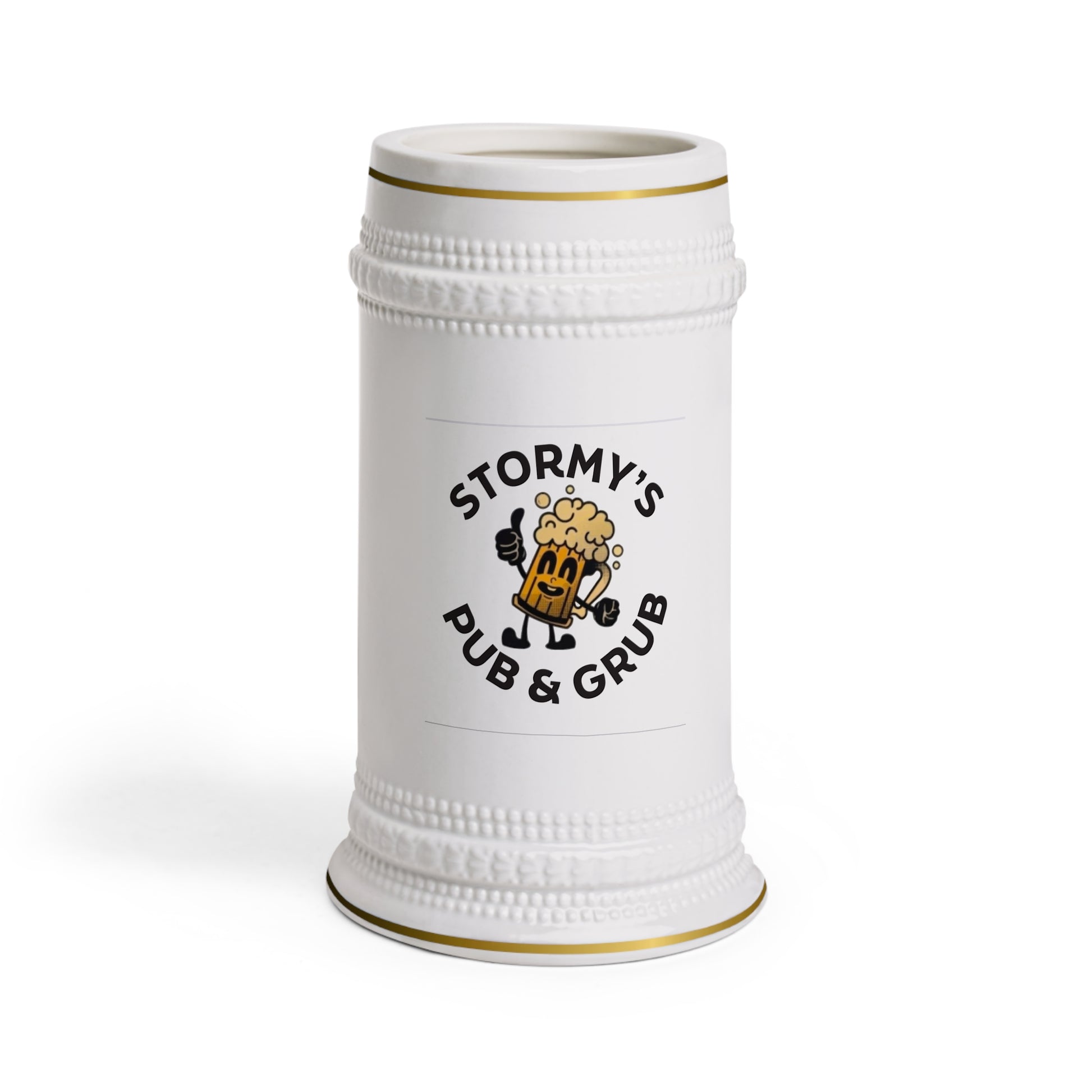 Collectible beer steins from Stormy's Pub & Grub, featuring a ceramic design perfect for enjoying drinks with friends.