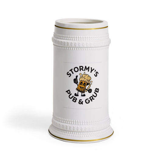 Collectible beer steins from Stormy's Pub & Grub, featuring a ceramic design perfect for enjoying drinks with friends.
