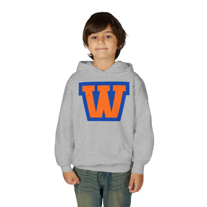 Youth Hoodie - Minneapolis Washburn Millers Orange & Blue 'W' School Logo with Mascot Back