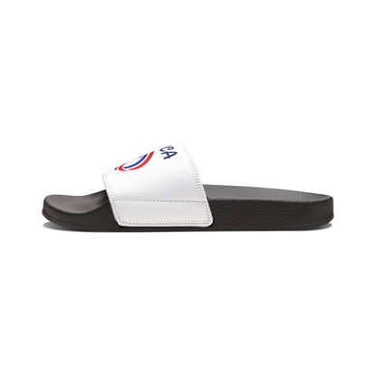 America 250 anniversary women's summer slides featuring bold printed straps and cushioned footbed.