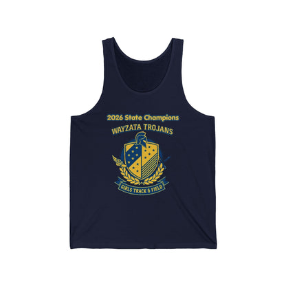 Wayzata Trojans Girls Track Champions tank top featuring 2026 State Champions crest for girls track and field.