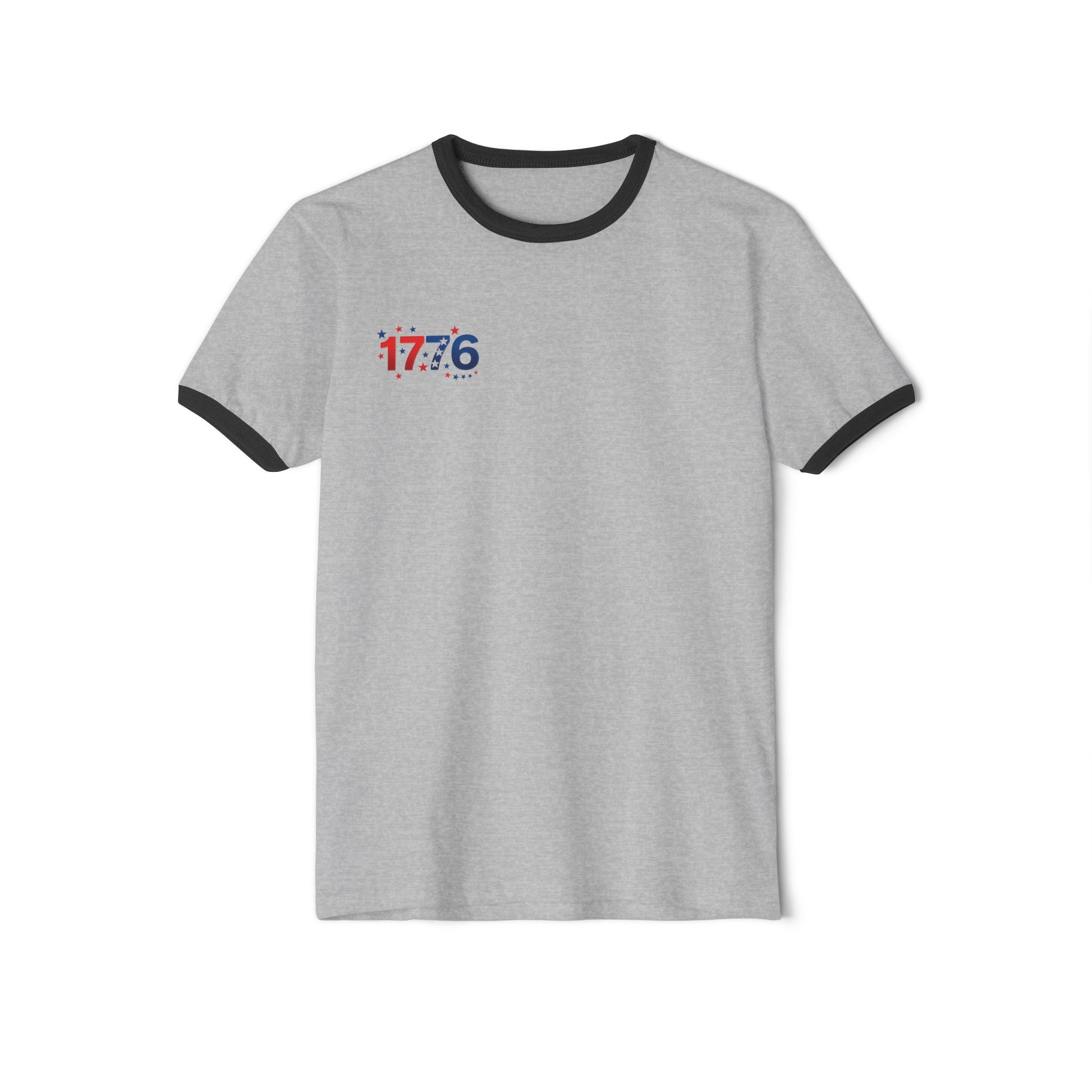 1776 Patriotic Ringer T-shirt in gray with contrasting black collar and sleeves, celebrating America's 250th.