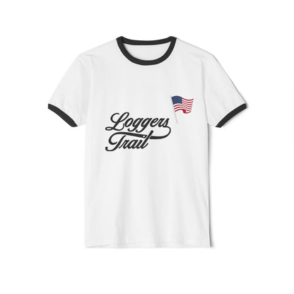 Vintage-inspired golf ringer tee featuring black collar and Loggers Trail logo with American flag detail.
