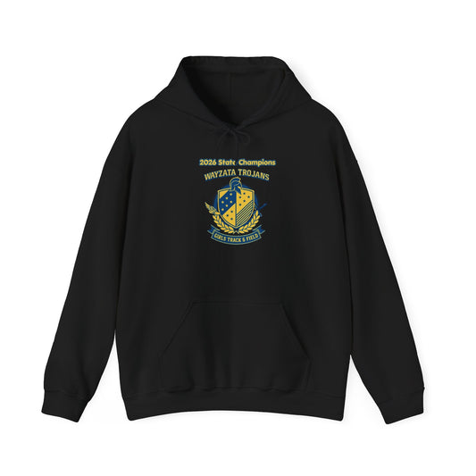 Wayzata Trojans girls track championship hoodie featuring 2026 state champions design on a black sweatshirt.
