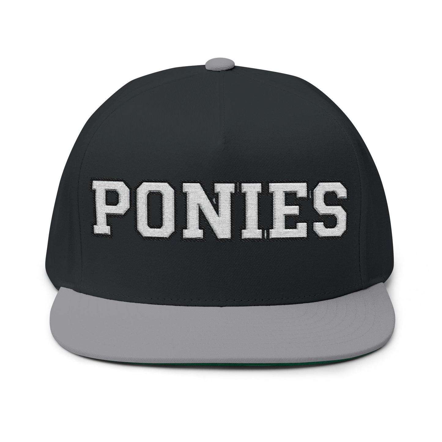 Stillwater Ponies Embroidered White Text Flat Bill Cap — School Spirit Snapback