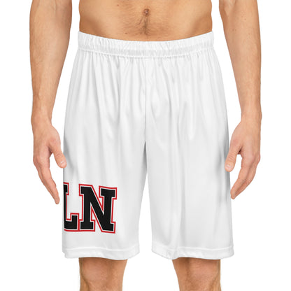 Lakeville North Panthers basketball shorts in white, showcasing an elastic waistband and bold 'LN' logo.