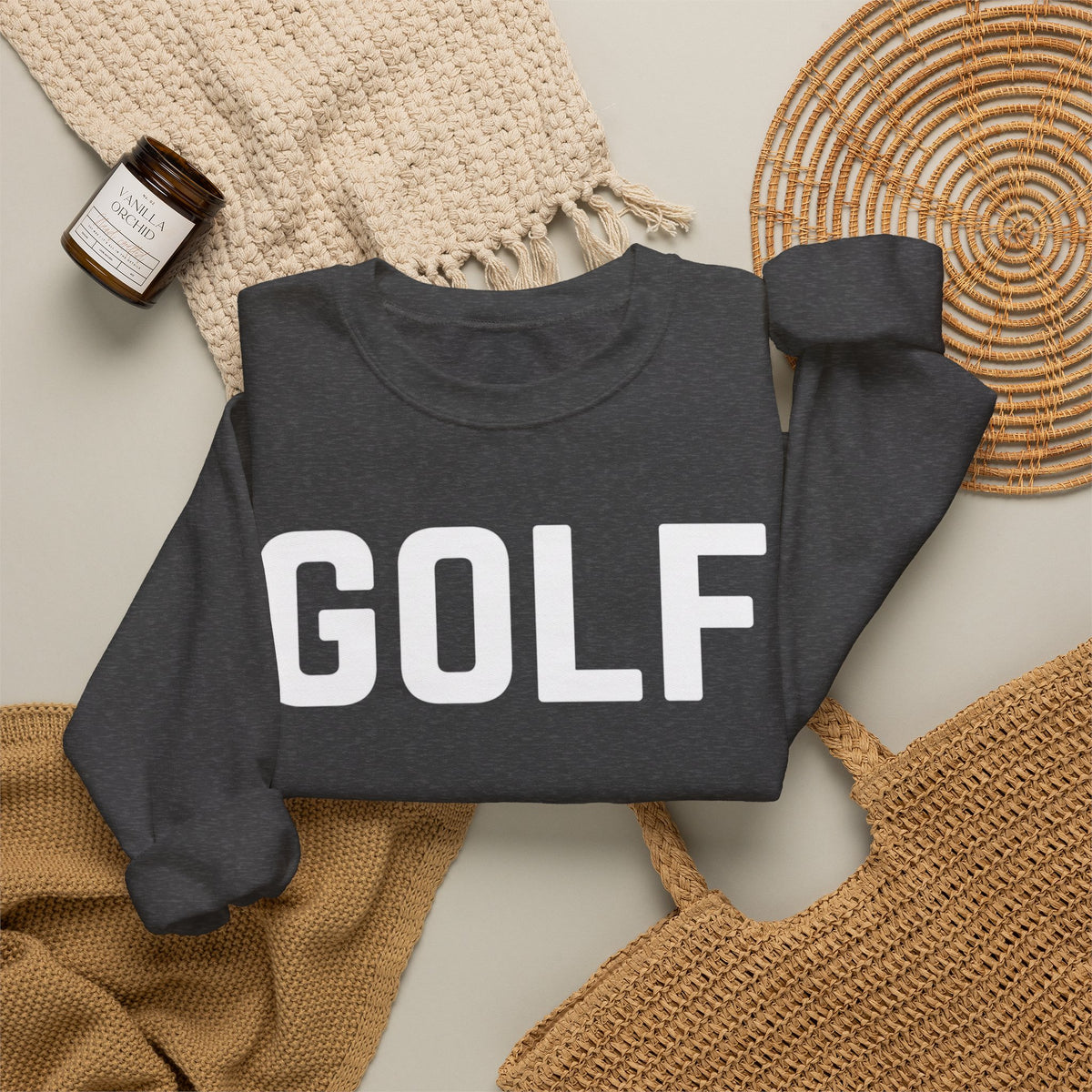 Embroidered Golf Crewneck Sweatshirt — Minimalist Bold Logo Pullover for Golfers