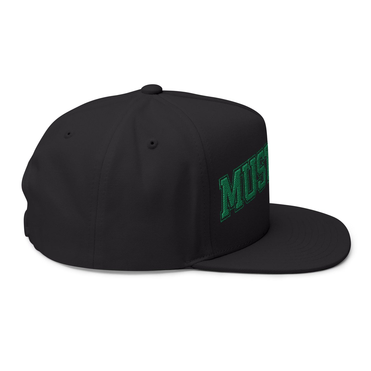 Mounds View Mustangs Embroidered Green Text Flat Bill Cap — School Spirit Snapback