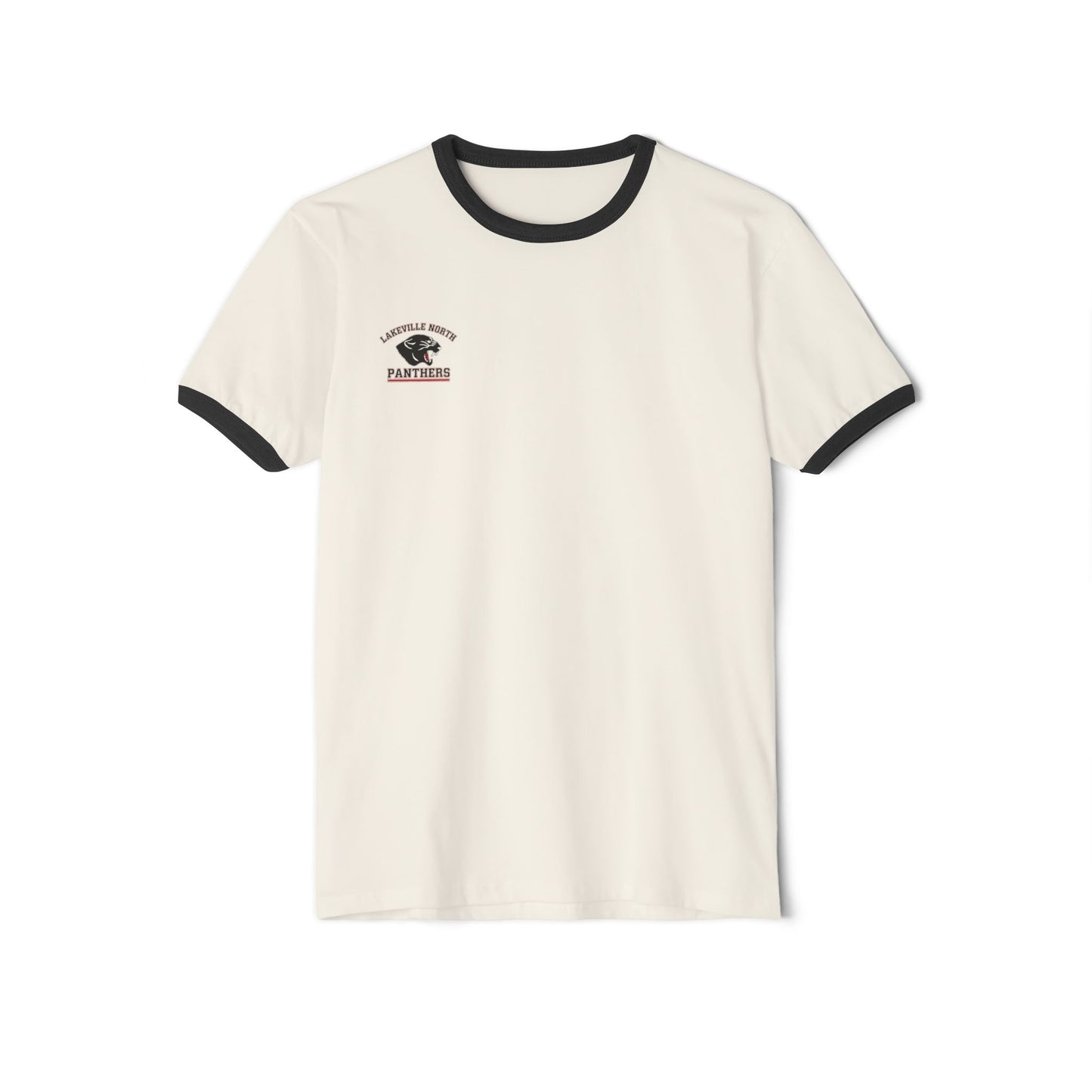 Lakeville North Panthers ringer tee in natural with black collar and sleeve bands, featuring a shielded emblem.