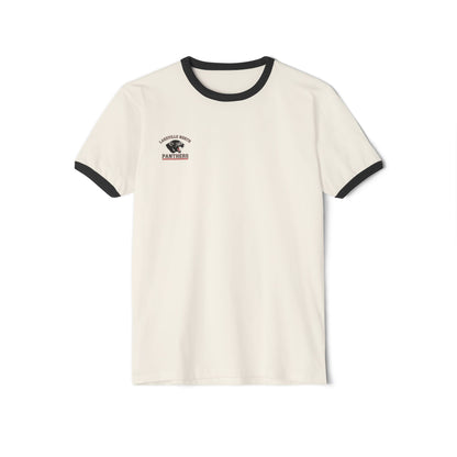 Lakeville North Panthers ringer tee in natural with black collar and sleeve bands, featuring a shielded emblem.