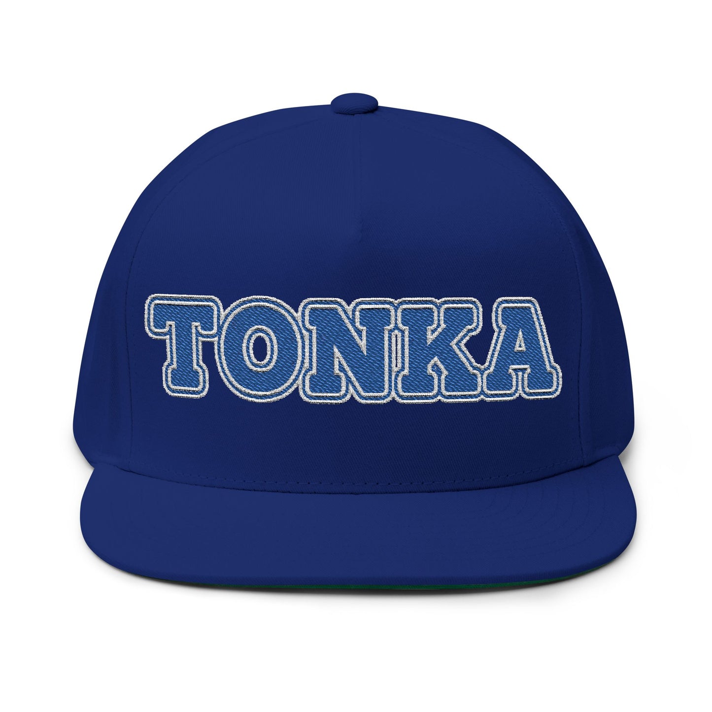 Minnetonka flat bill cap featuring embroidered 'TONKA' text on a blue structured design.