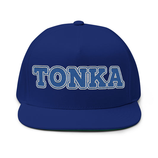 Minnetonka flat bill cap featuring embroidered 'TONKA' text on a blue structured design.