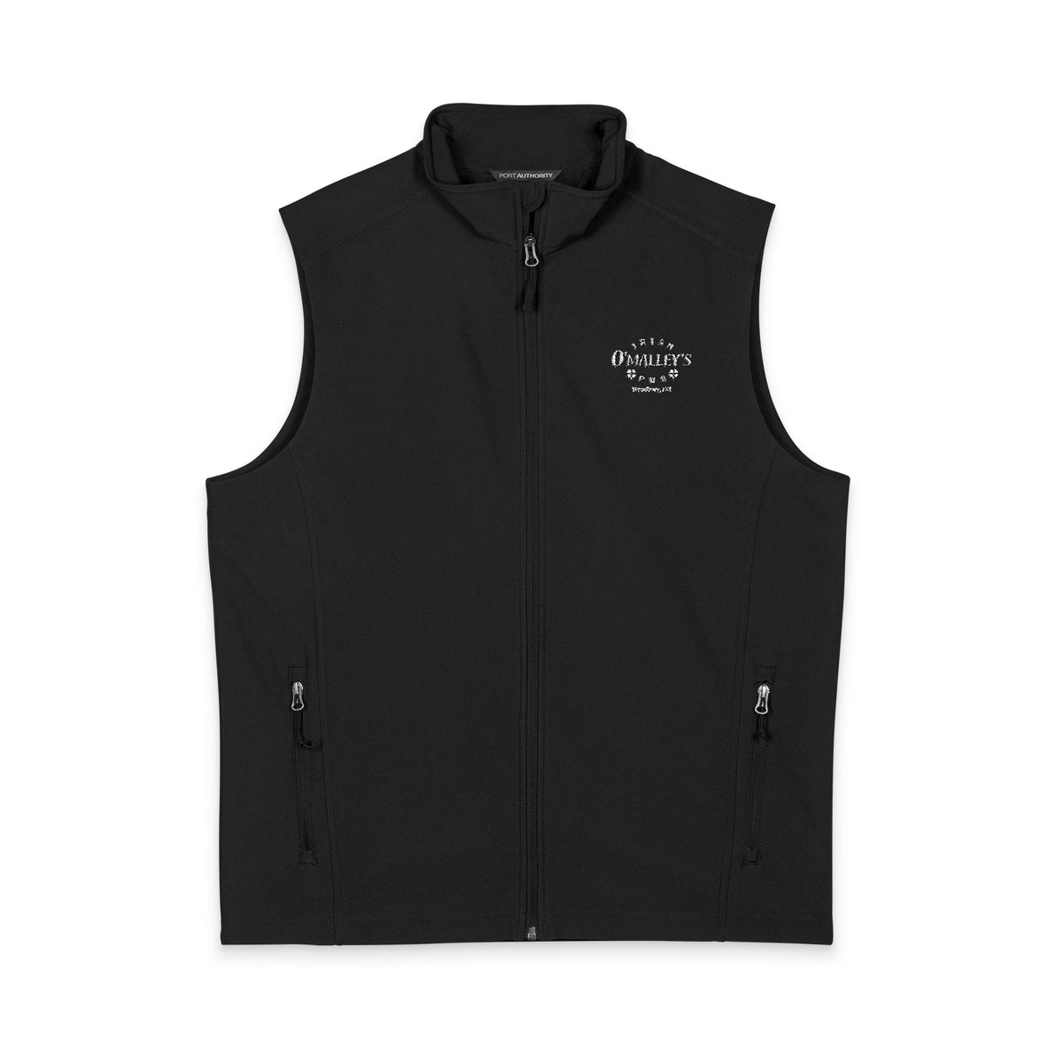 O'Malley's Men's Black Soft Shell Vest — Minimal White Chest Logo, Windproof Layer