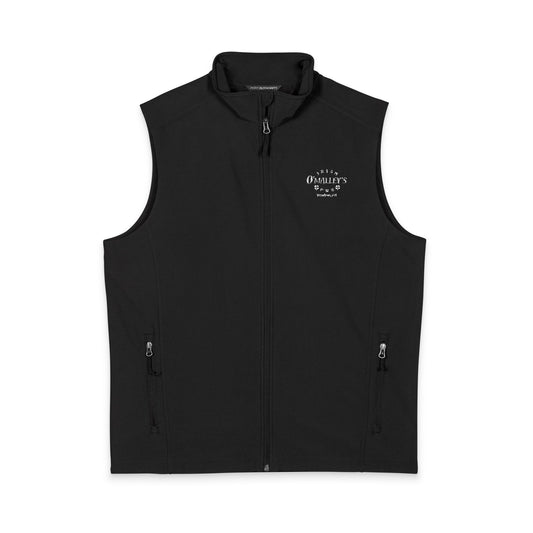 O'Malley's Men's Black Soft Shell Vest — Minimal White Chest Logo, Windproof Layer