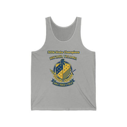 Wayzata Trojans Girls Track Champions Tank Top featuring 2026 State Champions design on a gray jersey tank.