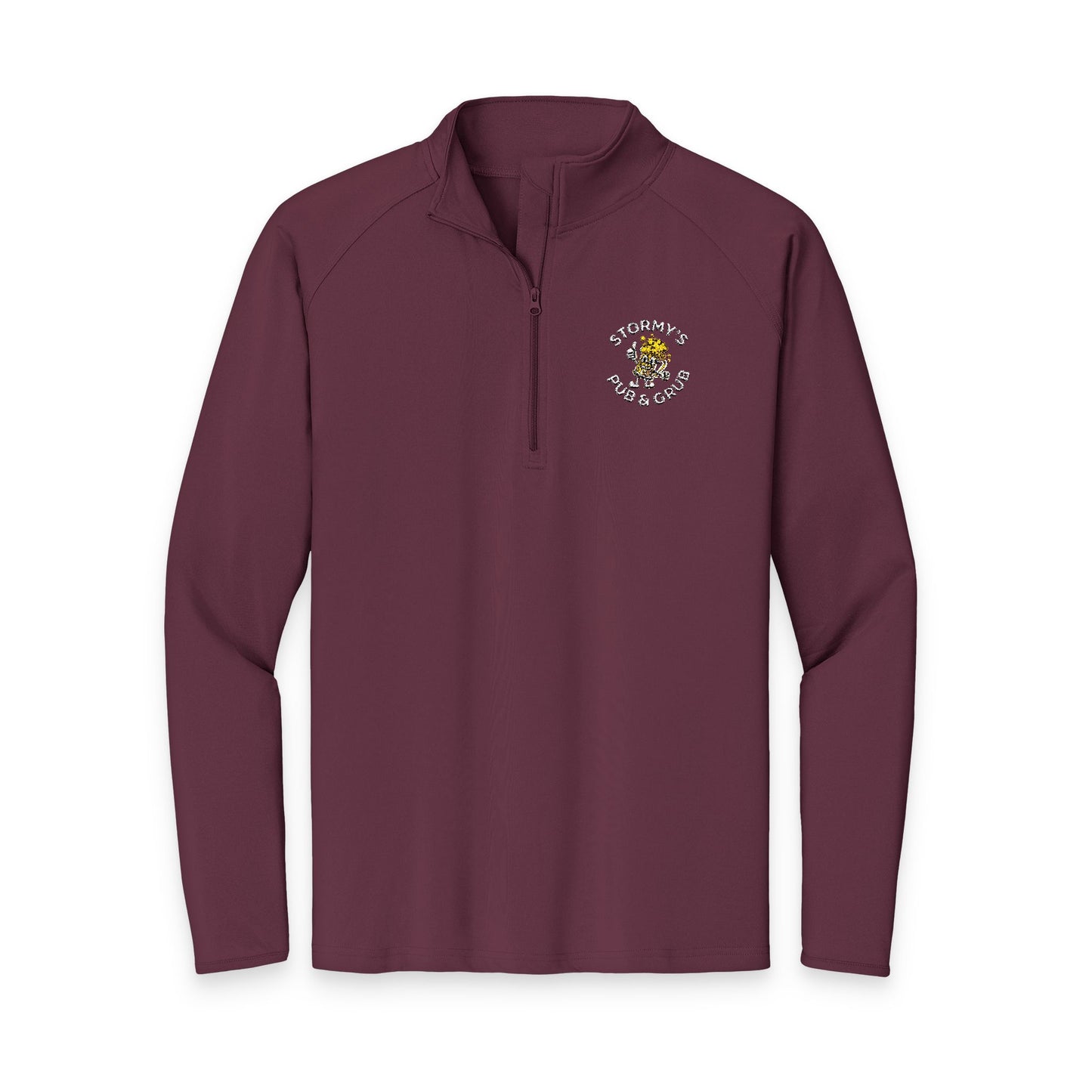Stormy's Pub and Grub pullover in maroon color with quarter-zip design and logo on the chest.