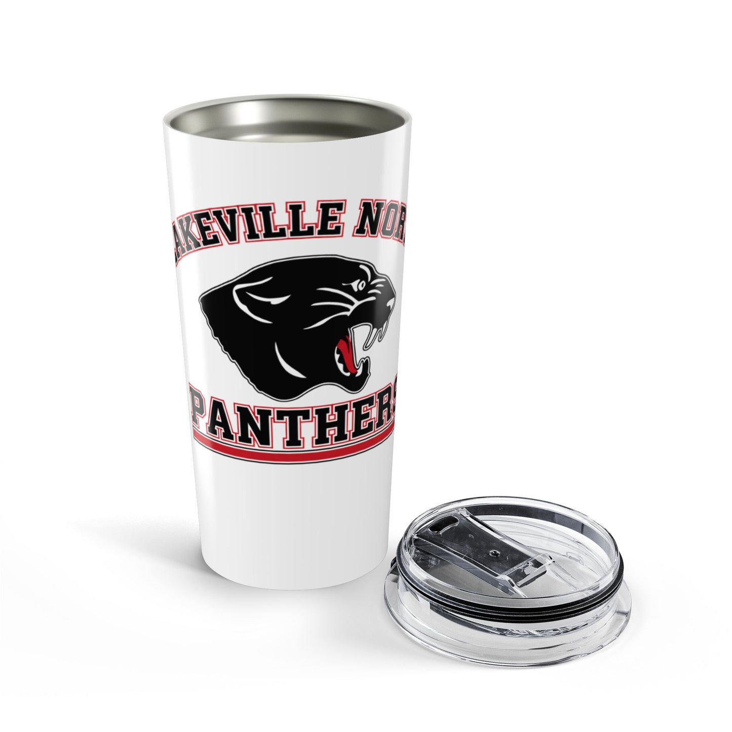 Lakeville North Panthers stainless steel tumbler with dynamic logo and clear lid.