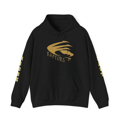 East Ridge Raptors Gold Logo Hoodie — Black Pullover with 'Raptors' Sleeve Print
